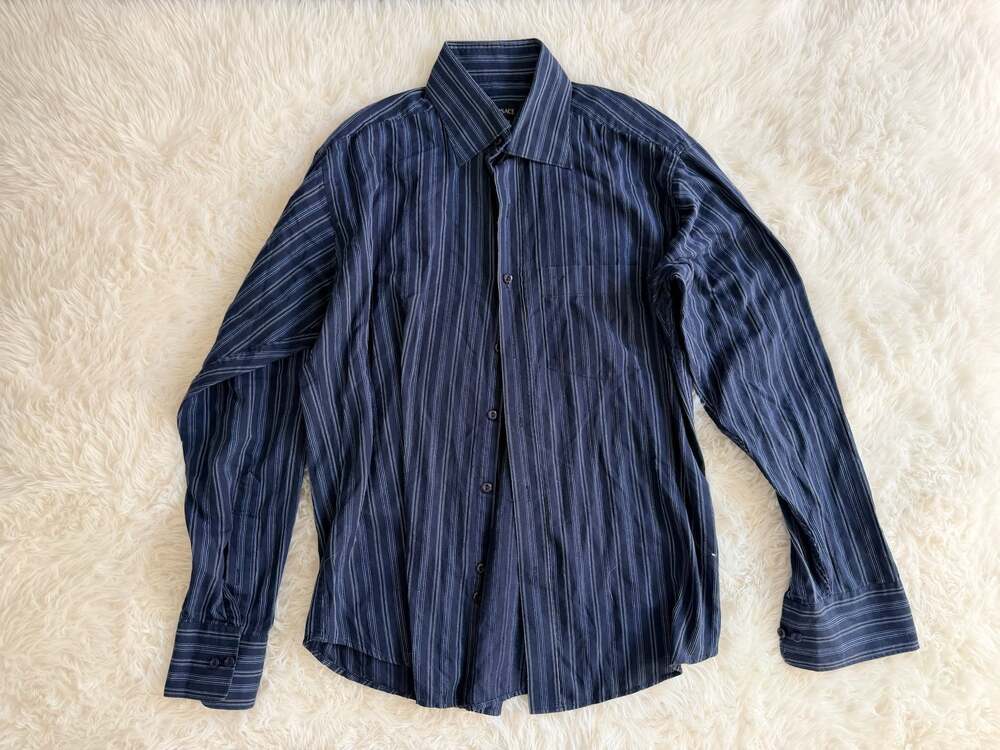 Versace Men's Navy Blue Striped Long Sleeve Button Down Shirt Size 15.5